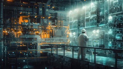 Fototapeta premium Double exposure of an engineer and an EV car factory, showcasing the manufacturing process