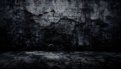 Rough Elegance: Cracked Black Slate Texture Wall with Distressed Concrete Floor"