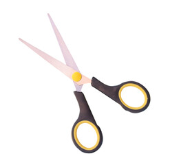 Top view of small multipurpose scissors with black handle isolated with clipping path in png file format
