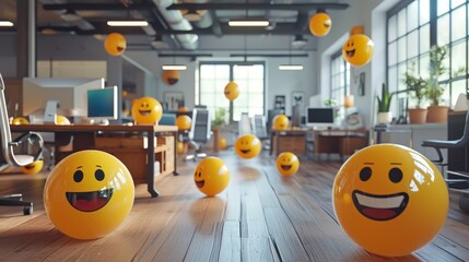 Funny yellow smileys in modern office - obrazy, fototapety, plakaty