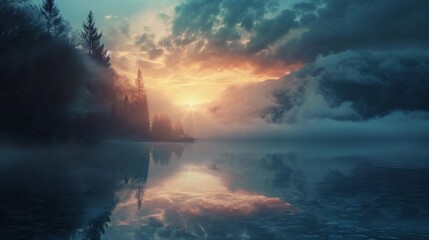 Fantasy landscape with a lake in a misty forest at sunset
