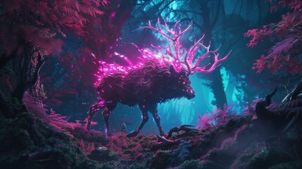 In neon-shadowed dark forests, warlocks conjure cyber enchantments among mythical creatures, rewriting fairy tales - obrazy, fototapety, plakaty