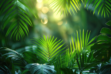 green palm leaves in tropical forest at sunset, natural background and texture