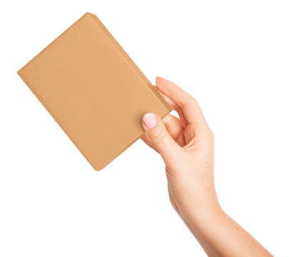A woman's hand holds a cardboard box on an empty background.
