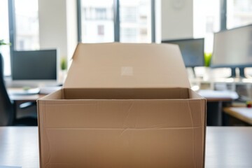 Open Cardboard Box in Modern Office Space, Business Relocation Concept