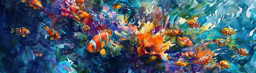 Fototapeta na wymiar Reef Harmony: Watercolor Tropical Fish Ballet