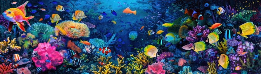 Tropical fish symphony, vibrant watercolor reef, underwater ballet --ar 7:2 --v 6