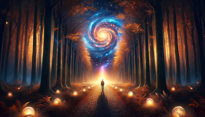 Obraz premium A person stands on a forest path, facing an enormous, spiraling galaxy that illuminates the night with vibrant colors and ethereal light.AI generated.