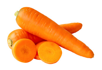 Front view of beautiful orange carrots with slices in stack isolated with clipping path in png file...