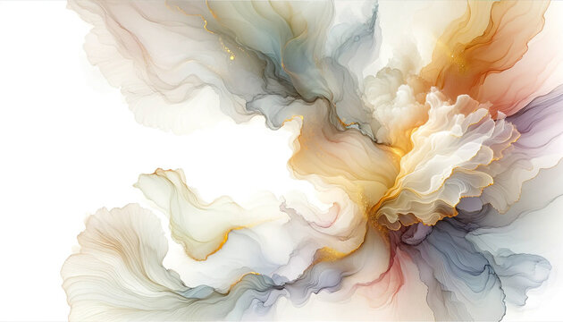 Abstract fluid flowing art by alcohol ink white tone and gold with copy space text. For banner, background in concept luxury, dreamy, heaven.