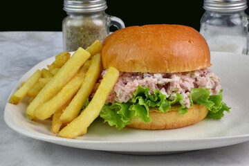 spam salad  sandwich with a side of fries