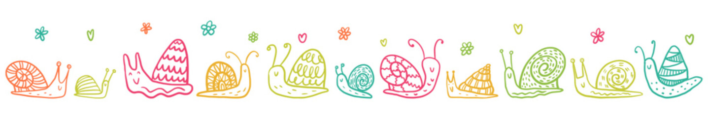 Vector horizontal collection of funny hand-drawn snails in doodle style.