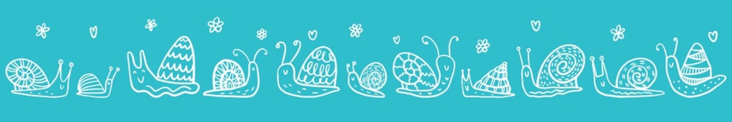 Horizontal illustration of a collection of funny hand-drawn snails in the style of doodles.
