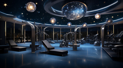 A gym with a celestial theme, inspired by the cosmos and astronomy, featuring starry decor and celestial workout zones.