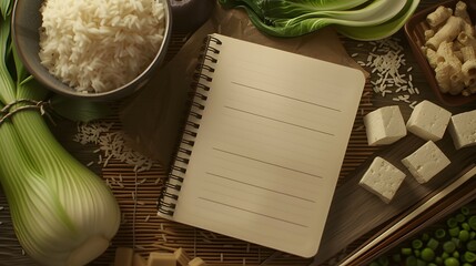 A photo-realistic image of a notebook surrounded by Asian diet staples, such as rice, tofu, and bok choy, on a bamboo mat. - obrazy, fototapety, plakaty