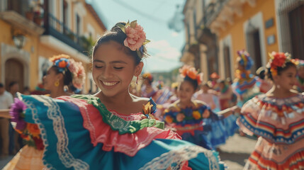 A young latin girl in a traditional dress during the Hispanic parade celebration - obrazy, fototapety, plakaty