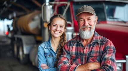 Portrait of smiling caucasian man and woman truck drivers with freight truck at the background