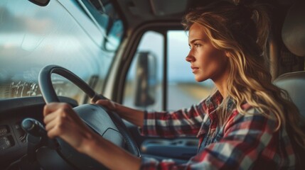 Portrait of caucasian female truck driver driving s freight truck