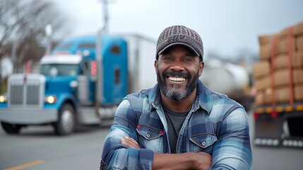 Portrait of smiling black truck driver with freight truck at the background