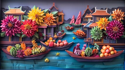 Obraz premium Origami Bangkok Floating Markets Scene