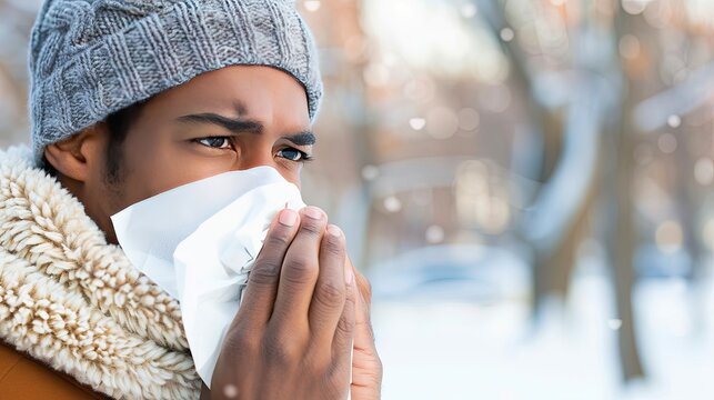 Portrait of a sick man who has the flu blows his nose into a tissue , winter cold and cough concept image. AI Generated.