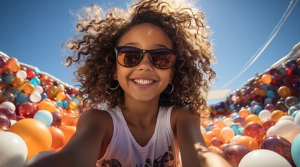 Happy young child with curly hair and sunglasses enjoying a sunny day while floating in a pool on an orange inflatable - obrazy, fototapety, plakaty
