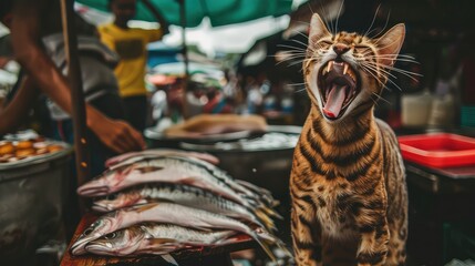 Fototapeta na wymiar Cats and fish. A group of cats steal fish