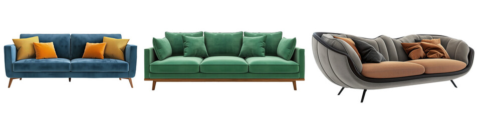 Set of modern sofas in blue, green and brown colors isolated on transparent background. Modern sofas close-up, front view. Graphic design element on the theme of furniture