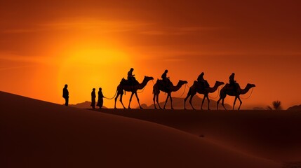 Fototapeta na wymiar Nomadic Family in Colorful Attire Traveling on Camels in Rajasthan's Thar Desert at Sunset