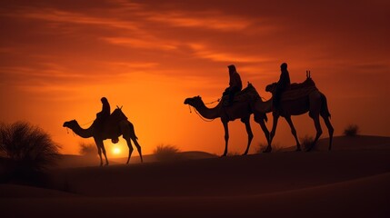 Nomadic Family in Colorful Attire Traveling on Camels in Rajasthan's Thar Desert at Sunset
