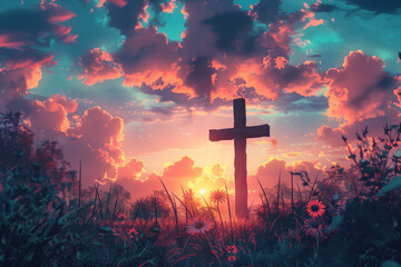 Divine Serenity Cross of Jesus Christ Silhouetted Against a Sunset Sky Background