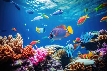 Fototapeta na wymiar Lively underwater scene with small colorful fish and picturesque coral reef habitat