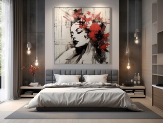 modern bedroom with a large bed and painting on the wall.