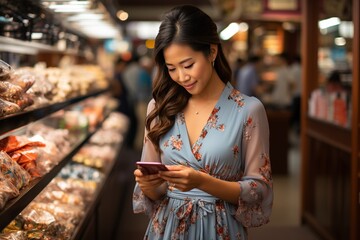 A fashionable young woman using her smartphone while shopping in the grocery store, surrounded by a variety of products. - obrazy, fototapety, plakaty