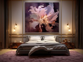 Fototapeta premium modern bedroom with a large bed and painting on the wall.