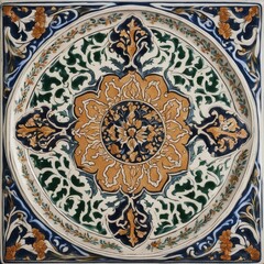 tile mosaic _A close-up of a Turkish decorative tile plate with a ceramic texture and a hand made design 