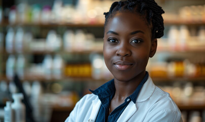 Portrait of a black female working in healthcare. Pharmaceutical worker in a retail high street drugstore. African american chemist in front of over the counter medicine. AI generated