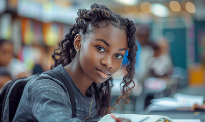 Inclusive image of a happy female african american pupil studying at school. University student studying and revising for exams. Diversity and ethnic minority representation at college. AI generated - obrazy, fototapety, plakaty