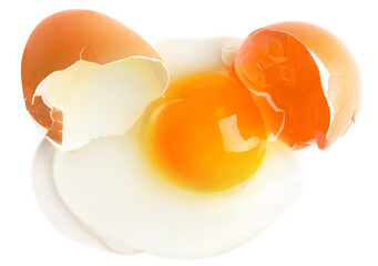 A broken egg spreads with the white and yolk and shell. On a blank background