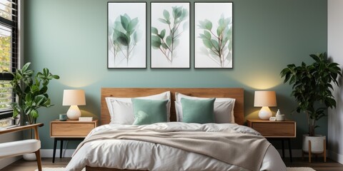 Stylish Rectangular Picture Frame Mockup in Bright Bedroom with Baby Green Bedcovers