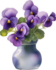 A vase of Violets (Viola sp.) flower, a watercolor painting of a vase of Violets (Viola sp.) flowers.