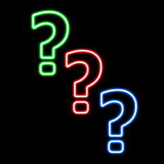 neon glowing question mark icon on black background.