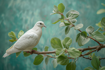 White Dove Perched on Branch with Green Leaves Against Blue Sky Background