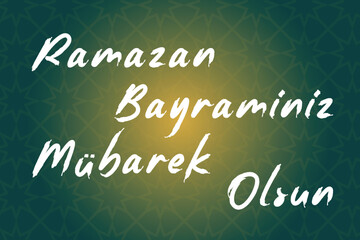 Islamic holiday banner  Ramazan Bayramınız Mübarek Olsun it means happy Ramadan Gradient green background Muslim design concept crescent moon Greeting card event poster Shining golden template 