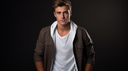 Naklejka premium A handsome attractive stylish young man, a model wearing casual clothes, looks at the camera on a black background.