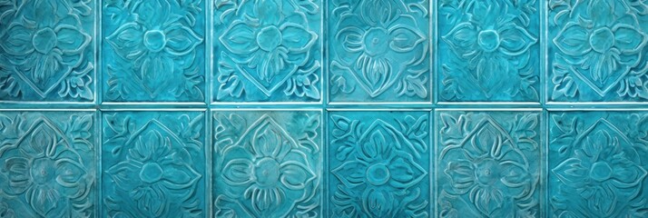 Abstract cyan colored traditional motif tiles wallpaper floor texture background banner