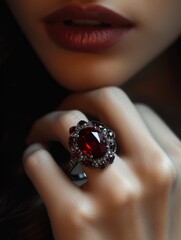 Radiant Ruby Elegance: Adorning Woman's Hand with Diamond Brilliance