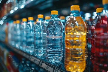 A refreshing array of thirst-quenching plastic bottles filled with crystal-clear water line the shelves, beckoning to be consumed as a source of nourishment and hydration within the comfort of an ind - obrazy, fototapety, plakaty