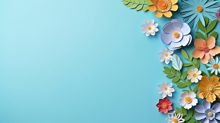 colorful paper cut flowers with green leaves on blue background with copy space, Generative AI
