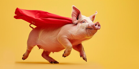 Schwein als Superheld vor gelbem Hintergrund